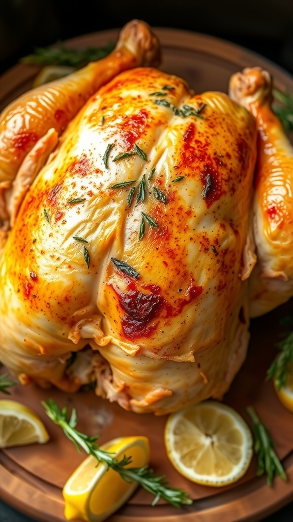 A crispy whole chicken cooked in an air fryer, garnished with herbs and lemon wedges on a wooden board.